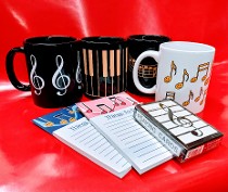 mugs, magnetic note pads, playing cards
